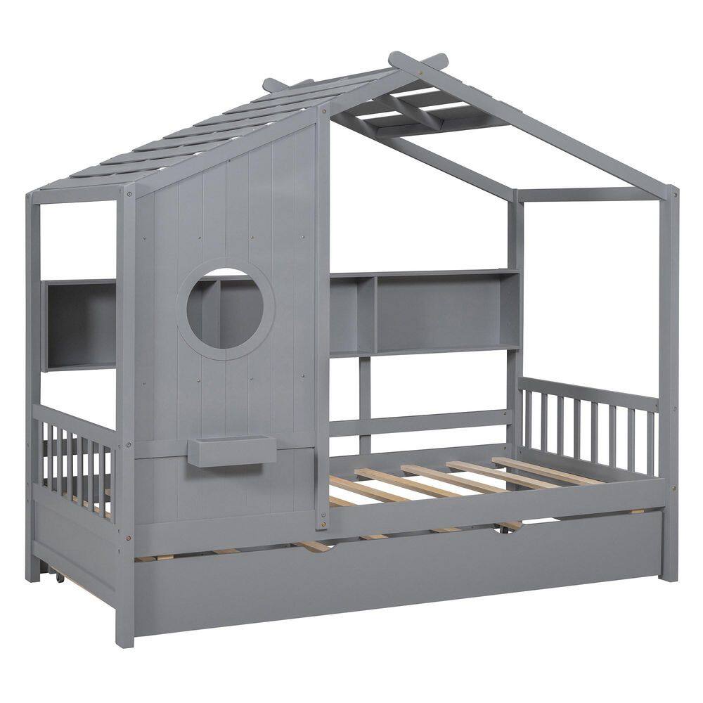 Gray Wood Frame Full Size Platform Bed with Trundle, Storage Shlef - thumbnail 2