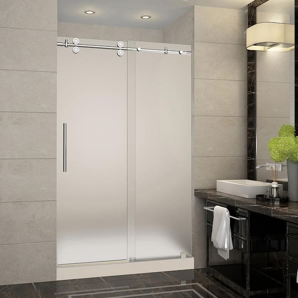 Aston Langham 48 in. x 36 in. x 77.5 in. Completely Frameless Sliding Shower Door with Frosted in Chrome with Center Base