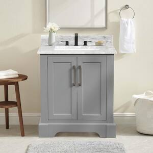 Freestanding 30 in. W x 21.5 in. D x 33 in. H Bath Vanity in Gray with White Carrara Marble Top with Basin