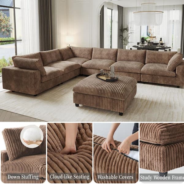 157 in. Square Arm Faux Rabbit Fur Velvet L-Shaped Modular Sofa Lawson Cloud Couch with Ottoman for Apartment in. Brown