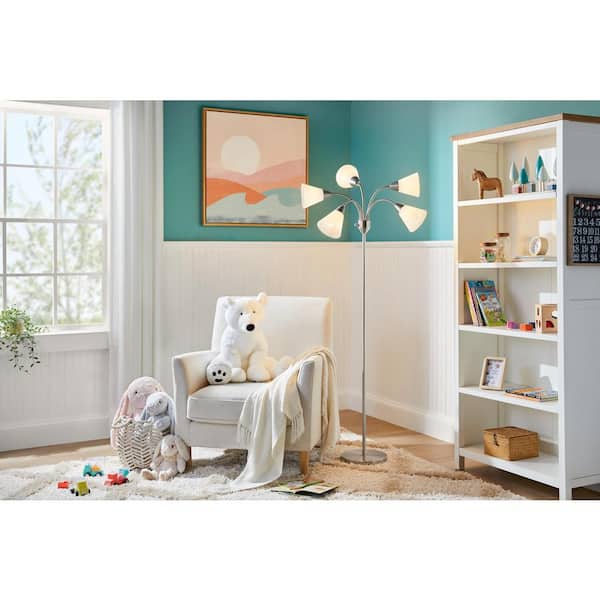 67 in. 5-Light Brushed Nickel Gooseneck Floor Lamp with White Acrylic Shades
