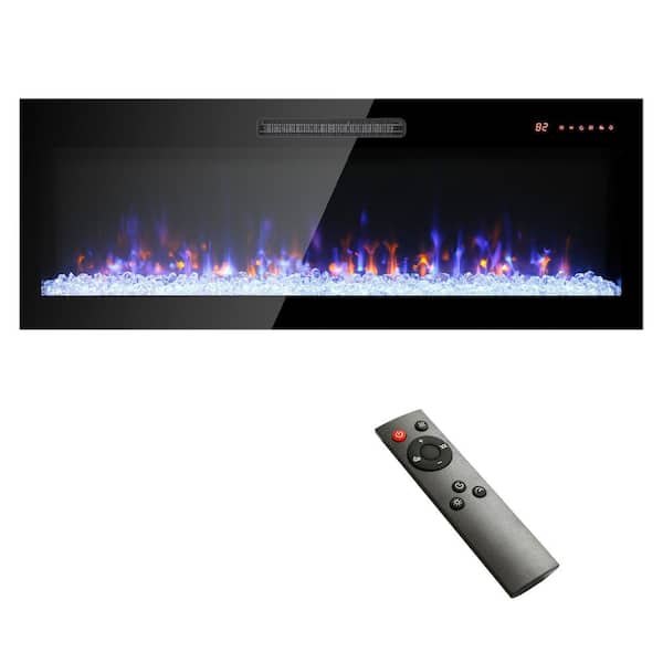 Ultrathin 60 in. W Wall Mounted Metal Electric Fireplace in Black with Tempered Glass Screen and Mixed Flames