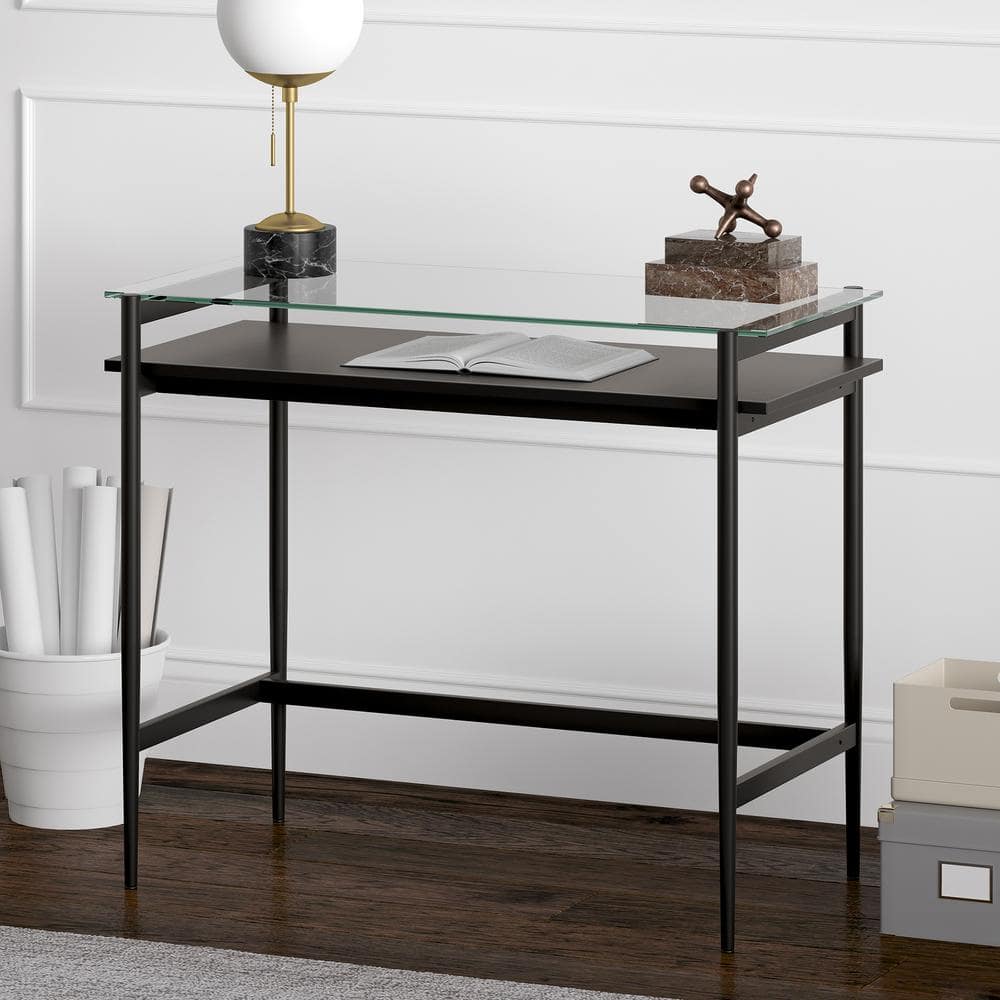 36" Blackened Bronze Desk with Glass Top and Shelf