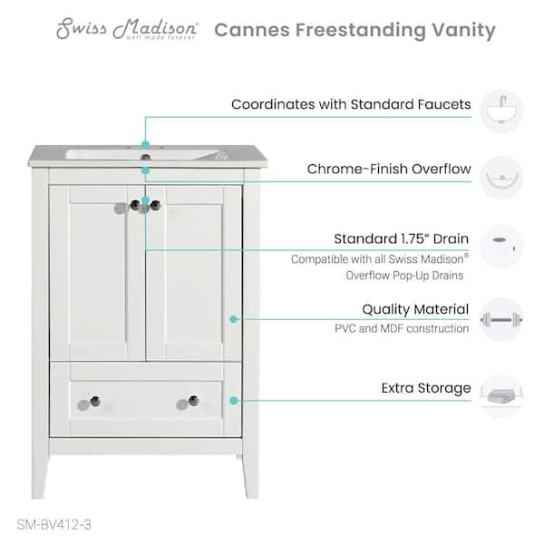 Cannes 24 in. Bathroom Vanity in White with White, 3-Hole Ceramic Sink Top