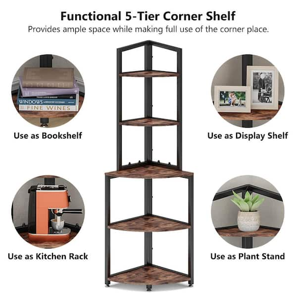 Tribesigns Way to Origin Taylor 60 in. Rustic Brown Wood and Black Metal Frame 5 Shelf Radial Corner Shelf Bookcase Storage Rack Plant Stand