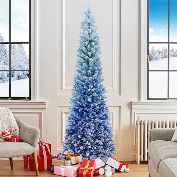 Costway 7 ft. Blue Unlit Gradient Snow Flocked Artificial