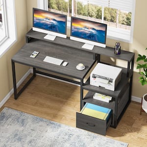 Havrvin 61 in. Rectangular Gray Engineered Wood 1-Drawer Computer Desk with Shelves File Drawer and Hutch
