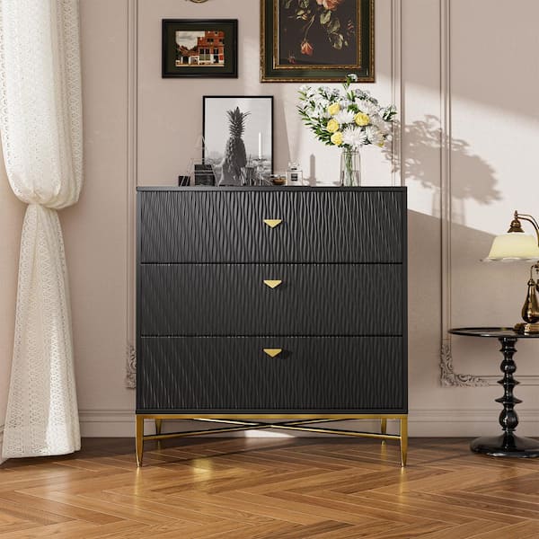Boyel Living Black 3-Drawer Water Ripple Finish Designs Wood Nightstand with Square Support Legs
