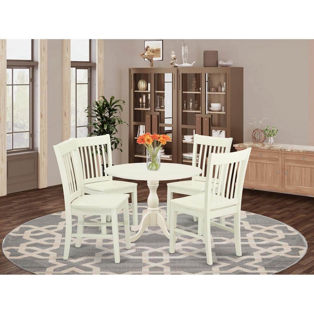 5-Piece Linen White Finish Solid Wood Top Dining table with 4 Chairs with Drop Leaf Slat Back