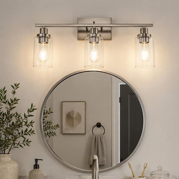 24 in. 3-Light Brushed Nickel Vanity Light Fixtures for Bathroom with Clear Glass Shades and No Bulbs Included