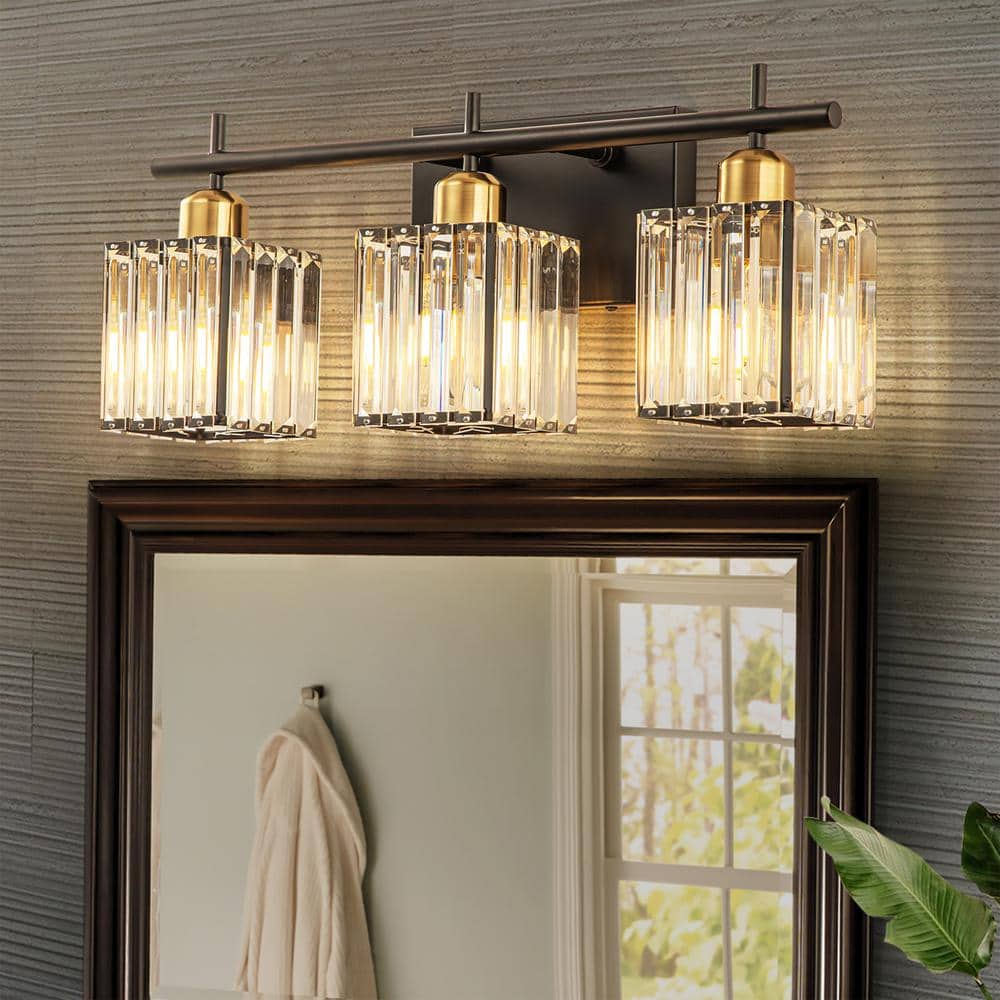20.28 in. 3-Lights Black and Gold Modern/Contemporary Square Glass Crystal 