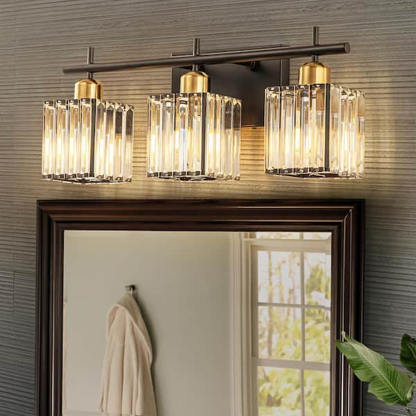 20.28 in. 3-Lights Black and Gold Modern/Contemporary Square Glass Crystal Bathroom Vanity Light