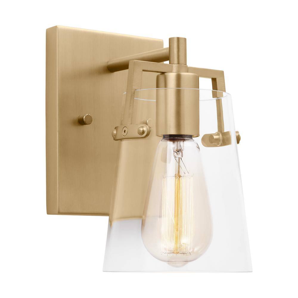Satin Brass and Clear Glass 1-Light Wall Sconce