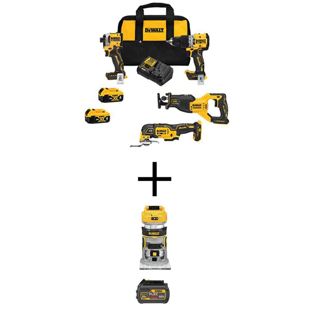 DEWALT 20V MAX Lithium-Ion Cordless Brushless 4 Tool Combo Kit, 20V Compact Router, 6.0Ah Battery, and (2) 4.0Ah Batteries -  DCK4050M2W60660