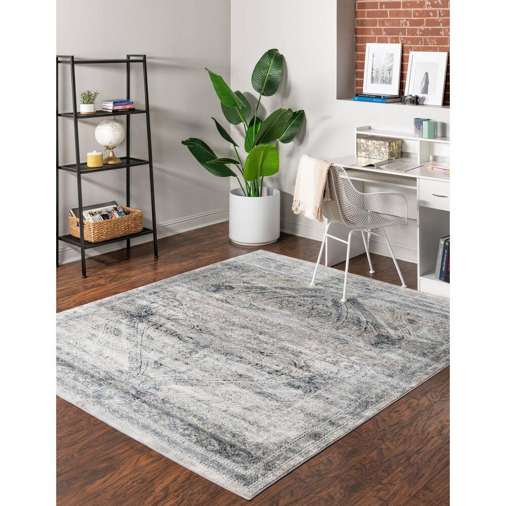 Vintage Navy Blue and Ivory Square Synthetic Rug 7' x 7'