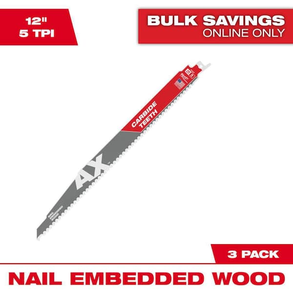 12 in. 5 TPI AX Carbide Teeth Demolition Nail-Embedded Wood Cutting SAWZALL Reciprocating Saw Blades (3-Pack)