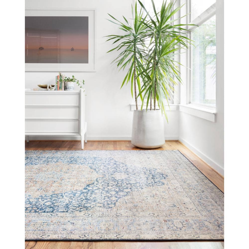 Layla Blue and Tangerine Rectangular Synthetic Area Rug