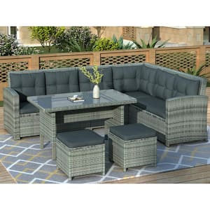 Gray Metal Rattan 6-Piece Outdoor Sectional Sofa Set with Glass Table, Ottomans and Navy Blue Cushion