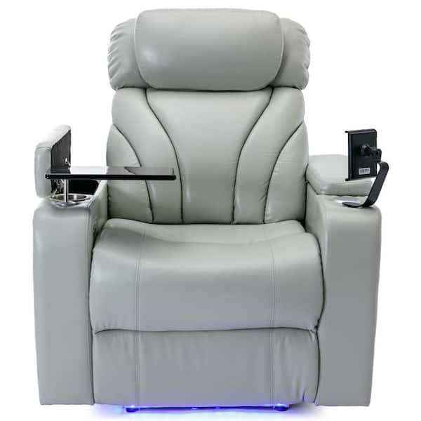 Unbranded Light Gray Faux Leather Recliner with USB Charging, Audio, Hidden Arm Storage, Cup Holder, 135° Tilt, Home Theater Seat