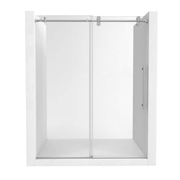 60 in. W x 76 in. H Sliding Frameless Clear Glass Shower Door in Brushed Nickel