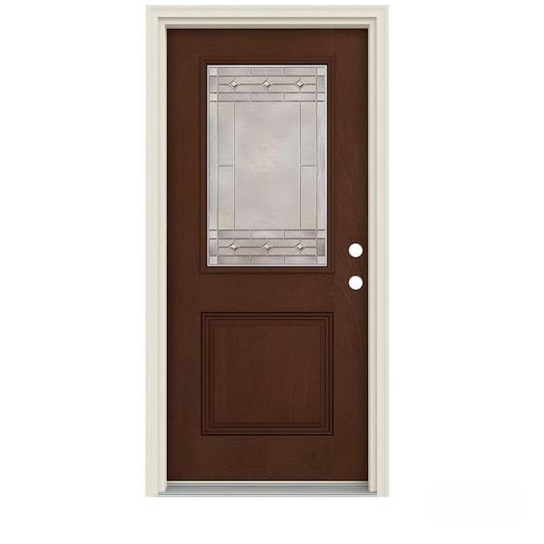 JELD-WEN 36 in. x 80 in. 1/2 Lite Sedona Coffee Bean Stained Fiberglass Prehung Left-Hand Inswing Front Door