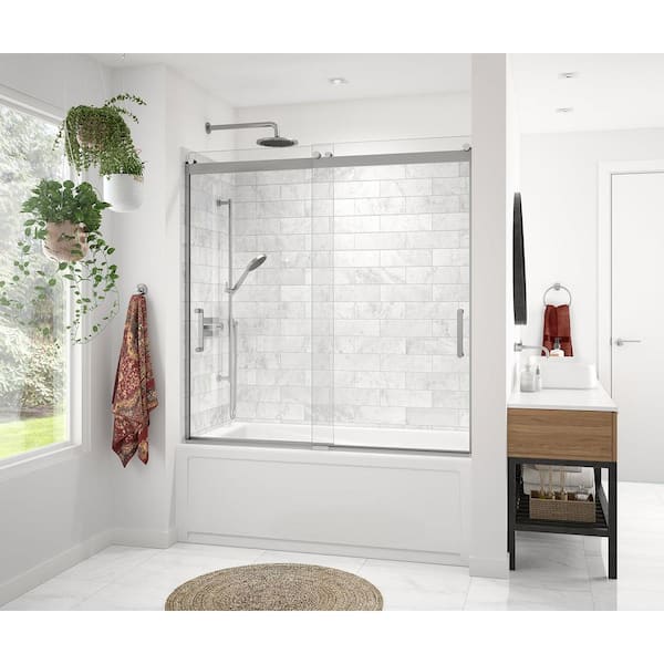 MAAX Revelation Round 59 in. W x 59.25 in. H Sliding Tub Door for Alcove Installation in Chrome with Clear Glass