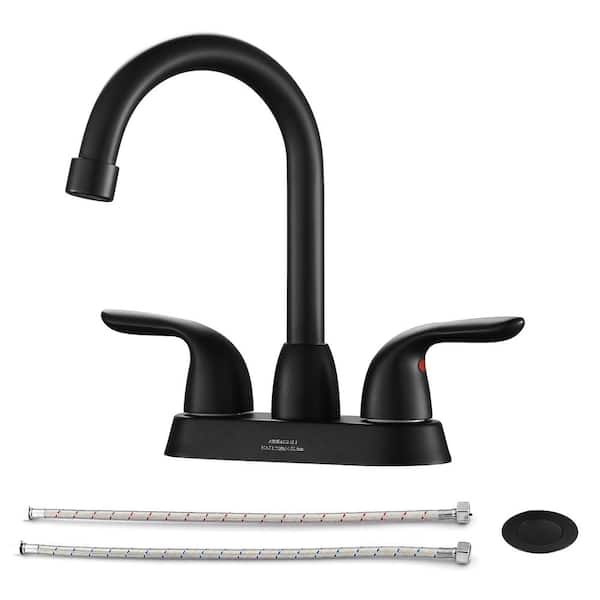 Fapully 4 in. Centerset Double Handle High Arc Bathroom Faucet with Drain Kit Included in Matte Black