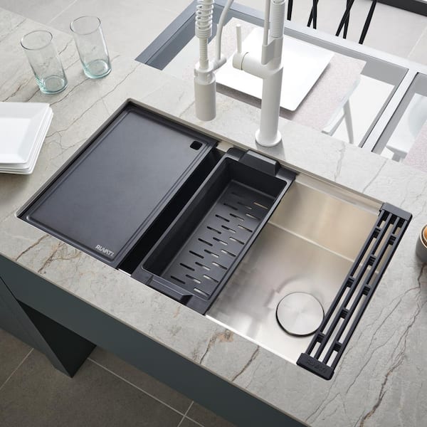 Veniso Nova 33 in. Undermount Single Bowl 16-Gauge Stainless Steel Slope Bottom Offset Drain Workstation Kitchen Sink