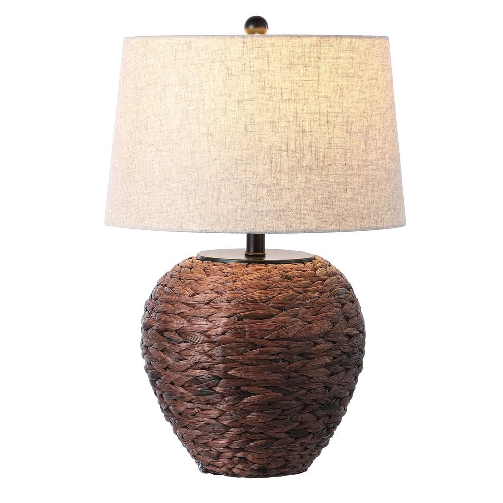 Dark Brown Water Hyacinth Basket Table Lamp with Beige Linen Shade