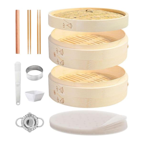 60-Piece Natural Bamboo Steamer Set with Stainless Steel Dumpling Tools, Chopsticks, Liners, Sauce Dish