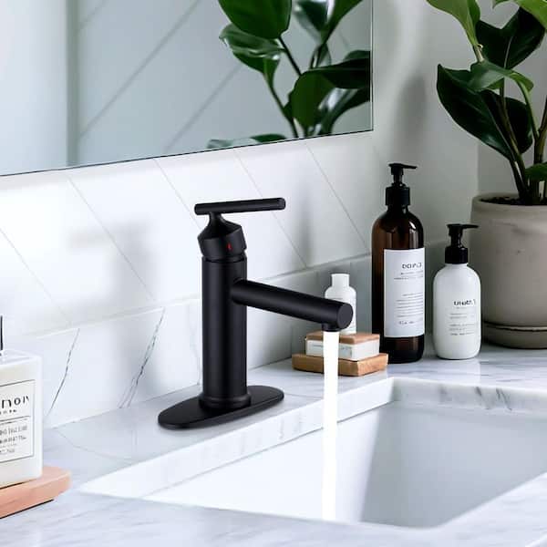 Single Handle Single Hole Stainless Steel Bathroom Faucet with Deckplate and Pop Up Drain in Matte Black