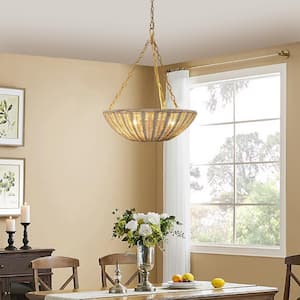 19.7 in. 3-Light Bohemian Antique Gold Chandelier with Woven Rattan Shade for Kitchen Island