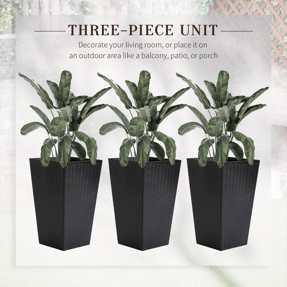 Set of 3 Black Tall Rattan-Style Plastic Planters