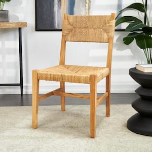 Light Brown Handmade Teak Wood Accent Chair with Woven Banana Leaf Seat (Set of 2)