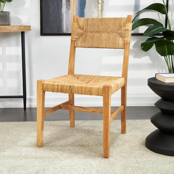 Litton Lane Light Brown Handmade Teak Wood Accent Chair with Woven Banana Leaf Seat (Set of 2)