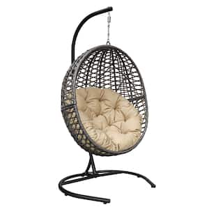 Wicker Outdoor Hanging Egg Chaise Lounge with Durable Stand and Waterproof Khaki Cushion for Patio