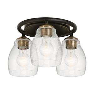 Winsley 15 in. 3-Light Black with Stained Brass Flush Mount with Clear Seeded Glass Shades