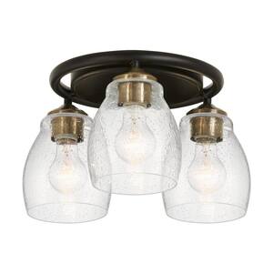 Winsley 15 in. 3-Light Black with Stained Brass Flush Mount with Clear Seeded Glass Shades