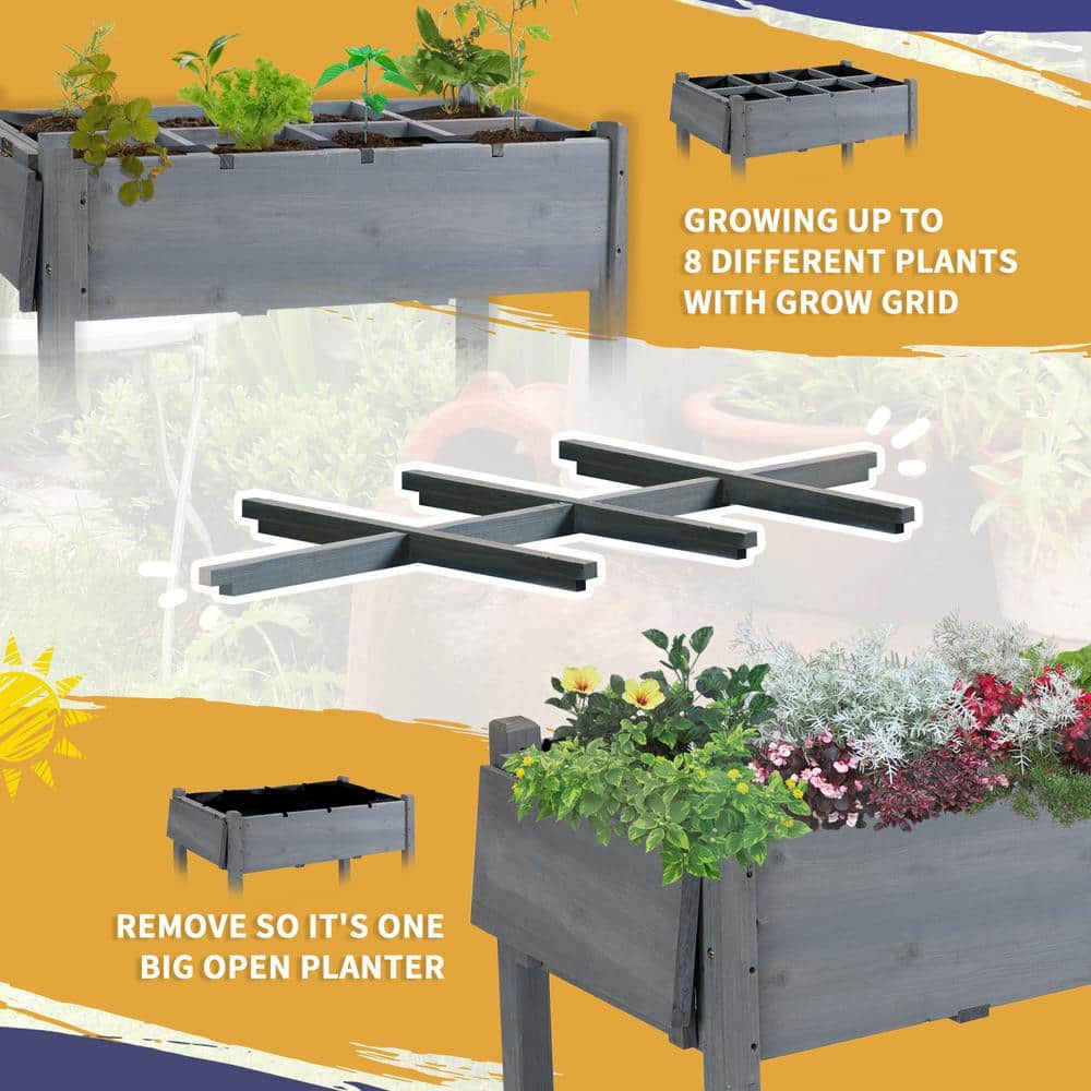 Gray Wooden Raised Garden Bed with Storage Shelf and Wheels
