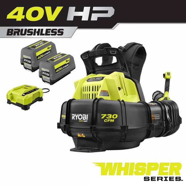 RYOBI 40V HP Brushless Whisper Series 165 MPH 730 CFM Cordless Battery Backpack Blower with (2) 6.0 Ah Batteries and Charger