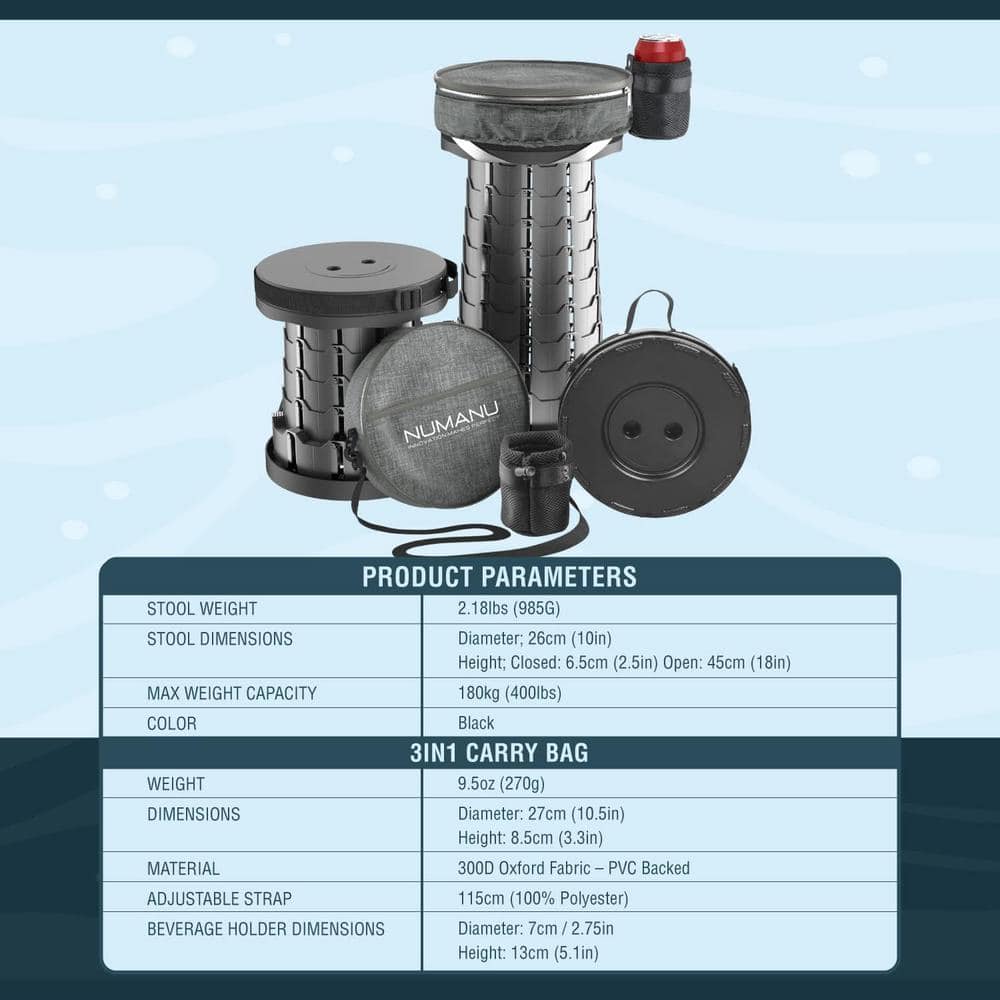 Black collapsible garden stool with product specifications table.