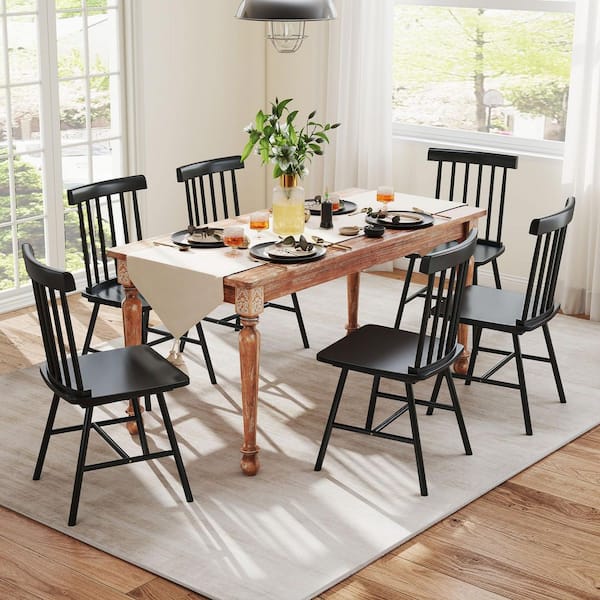 Windsor Dining Chairs Set of 4, Nordic Wooden Kitchen Chairs with Spindle Backrest for Dining Room, Living Room, Black
