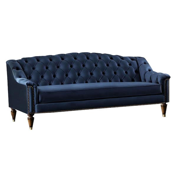 Benjara 91 in. Slope Arm Velvet Rectangle Button Tufted Camelback Sofa in Blue and Gold