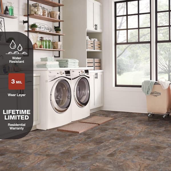 Dark Grey Slate 3 mil x 12 in. W x 12 in. L Peel and Stick Water Resistant Vinyl Tile Flooring 30 Sq. Ft.