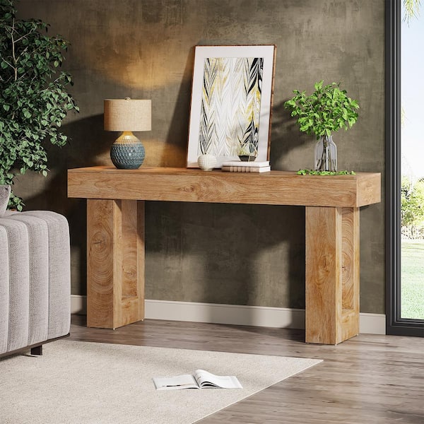 Turrella 63 in. Natural Brown Entryway Table, Rectangle Wooden Sofa Console Table Behind Couch for Living Room