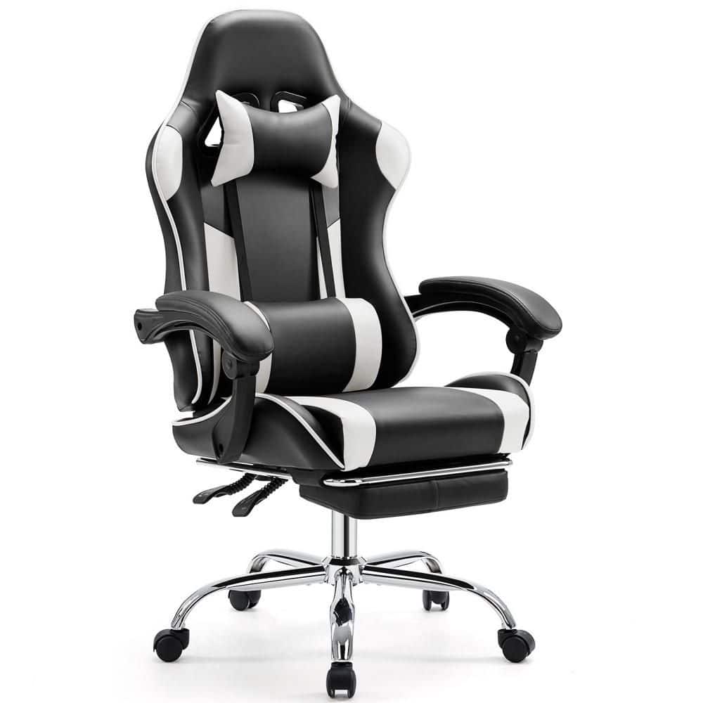Ergonomic Gaming Chair-Highback PU Leather Recliner w/Spring Cushion,Stretchable Footrest,Lumbar Support-Black and White - Thumbnail 2