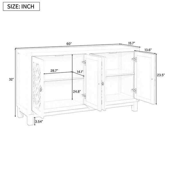 Runesay 60 in. W x 16 in. D x 32 in. H White Rubber Wood Ready to Assemble Kitchen Cabinet Storage Cupboard with Silver Handles