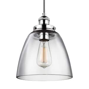 Baskin 9 in. W 1-Light Polished Nickel Contemporary Clear Glass Dome Pendant with Adjustable Gray Cloth Fabric Cord