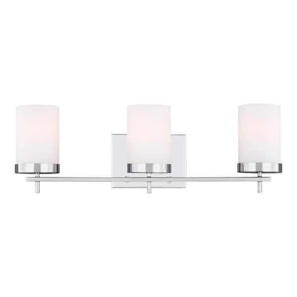 Zire 24 in. W 3-Light Chrome Bathroom Vanity Light with Etched White Glass Shades