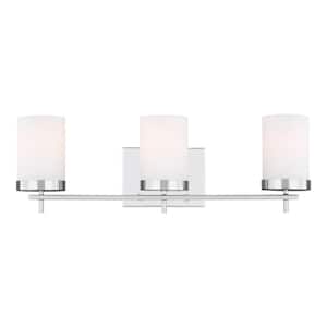 Zire 24 in. W 3-Light Chrome Bathroom Vanity Light with Etched White Glass Shades with LED Bulbs